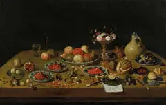 attributed to Jan van Kessel the Elder, FRUIT STILL LIFE WITH FLOWER TAZZA, SQUIRREL, AND JAR, Oil on panel