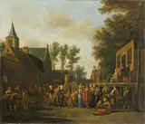 SCENE IN A TOWN WITH STAGE by Gerrit Berckheyde and Job Berckheyde, Oil on canvas (relined), sold May 2011