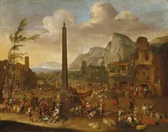 Peeter van Bredael, PEASENT MARKET BENEATH AN OBELISK, Oil on canvas (relined)