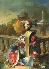 Gasparo Lopez, STILL LIFE WITH FLOWRES, FRUITS AND FEMALE BUST IN FRONT OF A PARK, Oil on canvas