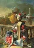 Gasparo Lopez, STILL LIFE WITH FLOWRES, FRUITS AND FEMALE BUST IN FRONT OF A PARK, Oil on canvas
