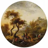 attributed to Isaac de Moucheron, LANDSCAPE WITH CASTLE AND HORSEMEN, Oil on panel
