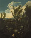 attributed to Alessandro Magnasco, LANDSCAPE WITH CAPUCINES AND PEASANTS, Oil on canvas (relined)