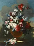 French School 18th century, STILL LIFE WITH ROSES,PEONIES, LILLIES OF THE VALLEY, LARKSPUR AND SNOWBALL BUSH