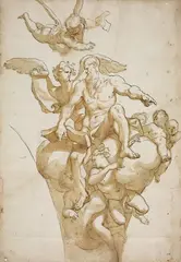 Domenico Piola, PROPHET SURROUNDED BY ANGELS, Pen and brush and brown ink