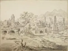 RIVER LANDSCAPE WITH CLASSICAL ARCHITECTURE by Netherlandish School 18th century, Pen and brown and grey ink, grey wash on ripped paper, sold May 2011