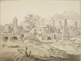 Netherlandish School 18th century, RIVER LANDSCAPE WITH CLASSICAL ARCHITECTURE, Pen and brown and grey ink, grey wash on ripped paper