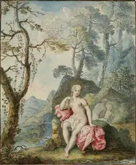 German School, circa 1750, DIANA BATHING, Watercolour on ripped paper