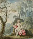 German School, circa 1750, DIANA BATHING, Watercolour on ripped paper
