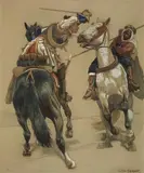 Christian Speyer, ORIENTAL HORSEMAN, Black chalk and oil on paper