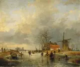 Andreas Schelfhout, WINTER LANDSCAPE WITH WIND-MILL AND SKATERS, Oil on panel
