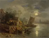 Andreas Achenbach, COASTAL LANDSCAPE IN THE NIGHT WITH FISHERMEN