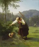 YOUNG PEASANT WITH HER SLEEPING CHILD AT THE HAYHARVEST by Christian Eduard Boettcher, Oil on canvas, sold May 2011