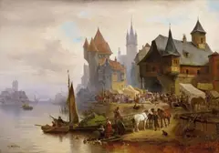 Hermann Meyerheim, MEDEAVAL TOWN AT A RIVER, Oil on canvas