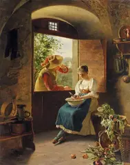 Johann Hamza, MEETING AT THE KITCHEN WINDOW, Oil on panel