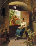 Johann Hamza, MEETING AT THE KITCHEN WINDOW, Oil on panel