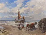 Gregor von Bochmann, COASTAL LANDSCAPE WITH FISHERMEN AND HORSECART, Oil on canvas