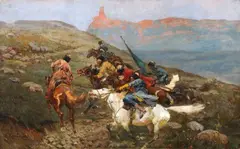 CIRCASSIAN HORSEMEN by Franz Alekseyevich Roubaud, Oil on canvas, sold May 2011