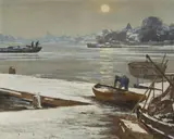 Max Clarenbach, RIVER LANDSCAPE IN THE WINTER, Oil on canvas