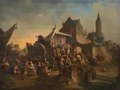 follower of Pieter de Bloot, MARKET WITH TRAVELLING THEATRE, Oil on canvas (relined)