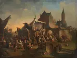 MARKET WITH TRAVELLING THEATRE by follower of Pieter de Bloot, Oil on canvas (relined), sold Mar 2011