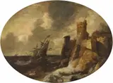 attributed to Pieter van der Croos, COASTAL LANDSCAPE WITH SAILING SHIP IN THE STORM, Oil on panel