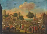 German School, early 18th century, VIEW OF A MARKET WITH TRAVELLING THEATRE, Oil on canvas (relined)