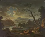 German School 18th century, RIVER LANDSCAPE WITH FERRY BOATS IN THE MOONLIGHT