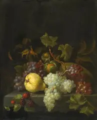 Pieter Gallis, STILL LIFE WITH GRAPES, PEAR, BLACKBERRIES AND NUTS, Oil on canvas (relined)