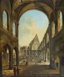attributed to Christian Stöcklin, CHURCH DURING DEMOLITION, Oil on panel