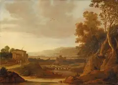 Dirck Verhaert, SOUTHERN RIVER LANDSCAPE WITH BRIDGES AND SHEPHERDS, Oil on panel