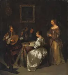 Johann Philipp von der Schlichten, INTERIOR WITH MUSIC PLAYERS (AFTER CASPAR NETSCHER), Oil on canvas (relined)