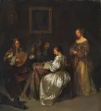 Johann Philipp von der Schlichten, INTERIOR WITH MUSIC PLAYERS (AFTER CASPAR NETSCHER), Oil on canvas (relined)