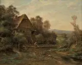 Anton Burger, LANDSCAPE WITH FRAME HOUSE AND A WASHERWOMAN AT A STREAM, Oil on canvas