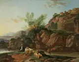 German School around 1800, LANDSCAPE WITH SHEPHERD AND SHEEPFLOCK, Oil on canvas (relined)