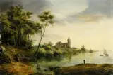 German School first half 19th century, RIVER LANDSCAPE WITH CHURCH AND ANGLER, Oil on panel (parquetted)