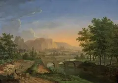 French School, 1835, LANDSCAPE WITH STONE BRIDGE AND FIGURAL STAFFAGE, Oil on panel