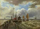 Carl von Hafften, MARINE WITH QUAY AND SHIPS IN A STORM, Oil on canvas