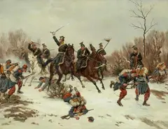 Emil Hünten, BATTLE BETWEEN RINDERS OF A PRUSSIAN UHLANS AND FRENCH SOLDIERS, Oil on canvas
