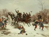 Emil Hünten, BATTLE BETWEEN RINDERS OF A PRUSSIAN UHLANS AND FRENCH SOLDIERS, Oil on canvas