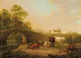 LANDSCAPE WITH SHEPHERDS AND SHEEPFLOCK ON A BRIDGE by attributed to Johann Christian Klengel, Oil on panel, sold Mar 2011
