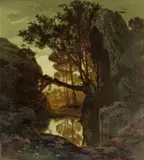Ferdinand Knab, WOODED LANDSCAPE WITH ROCKS AND SEE, Oil on canvas