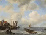 Louis Meijer, DUTCH FISHING HARBOUR WITH BOATS AND FLOATS, Oil on panel