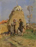 Hugo Mühlig, SHEPHERD AND HUNTER IN FRONT OF A HAY WAGON