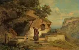 Willy Moralt, MONK IN MOUNTAINOUS LANDSCAPE WITH WELL AND DEVOTIONAL PAINTING, Oil on panel