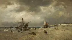 SCENE AT THE SHORE DISEMBARKING FISHER BOATS by François Musin, Oil on canvas (relined), sold Mar 2011