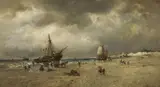 François Musin, SCENE AT THE SHORE DISEMBARKING FISHER BOATS, Oil on canvas (relined)