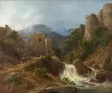 Carl Rötteken, MOUNTAIN LANDSCAPE WITH WATERFALL, Oil on canvas