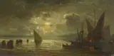 Eduard Schleich the Elder, MOONLIT COASTAL LANDSCAPE WITH SAILING SHIPS, Oil on cardboard