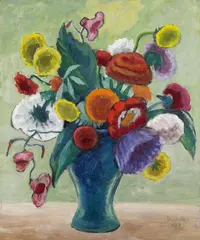 Gabriele Münter, Strauß auf hell "Kät Strauß" (Bouquet on light "Kät Bouquet"), Oil on cardboard